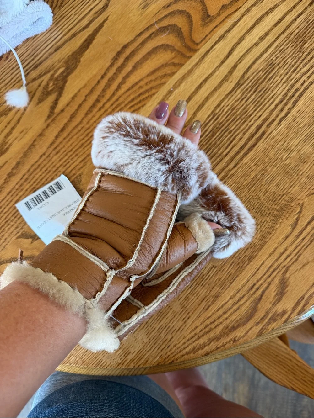 Camel Brown Kids Shearling Mittens with Fur Trim
